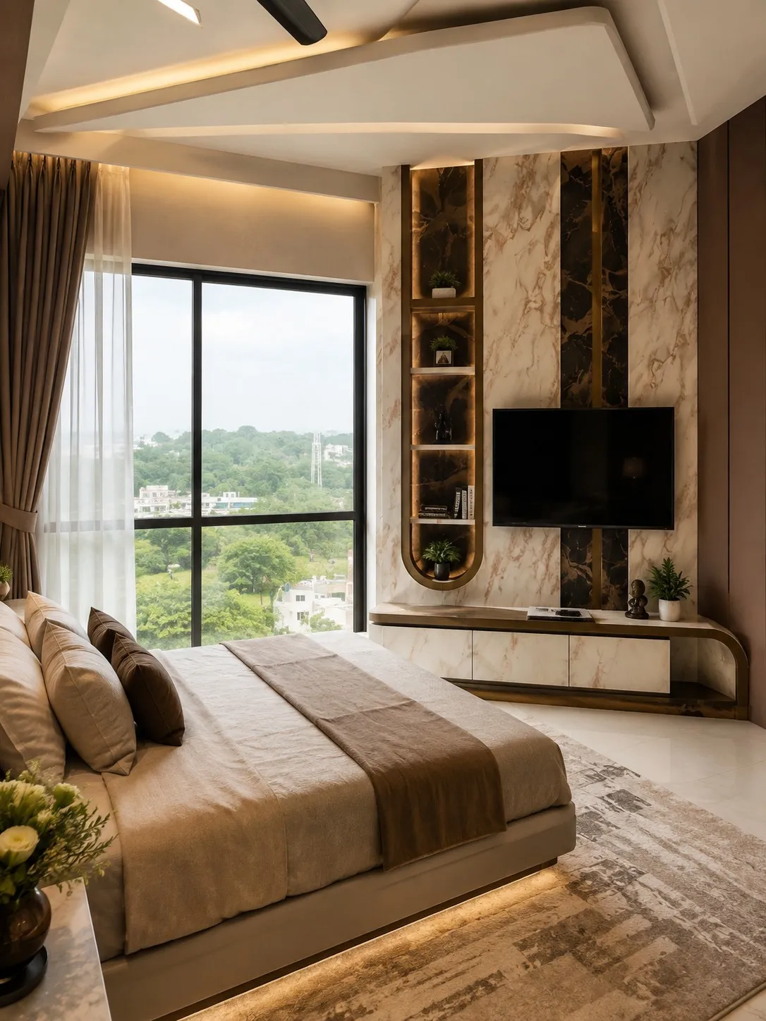 Bedroom with a wooden bed, upholstered bench, warm bedside lighting and a large window