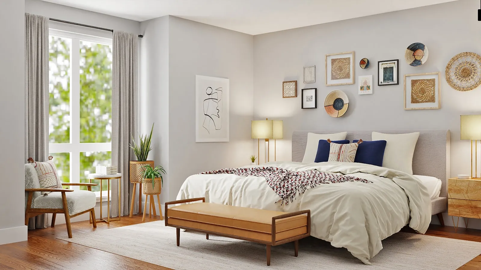 Bedroom with a wooden bed, upholstered bench and warm bedside lighting