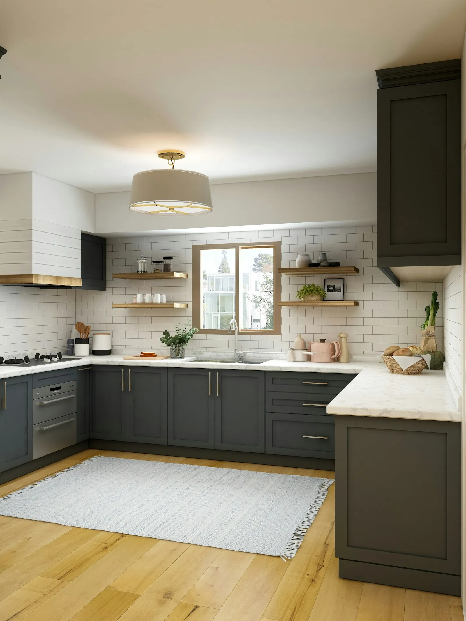 Modular kitchen with dark shaker cabinets, stone counter and open wooden shelves