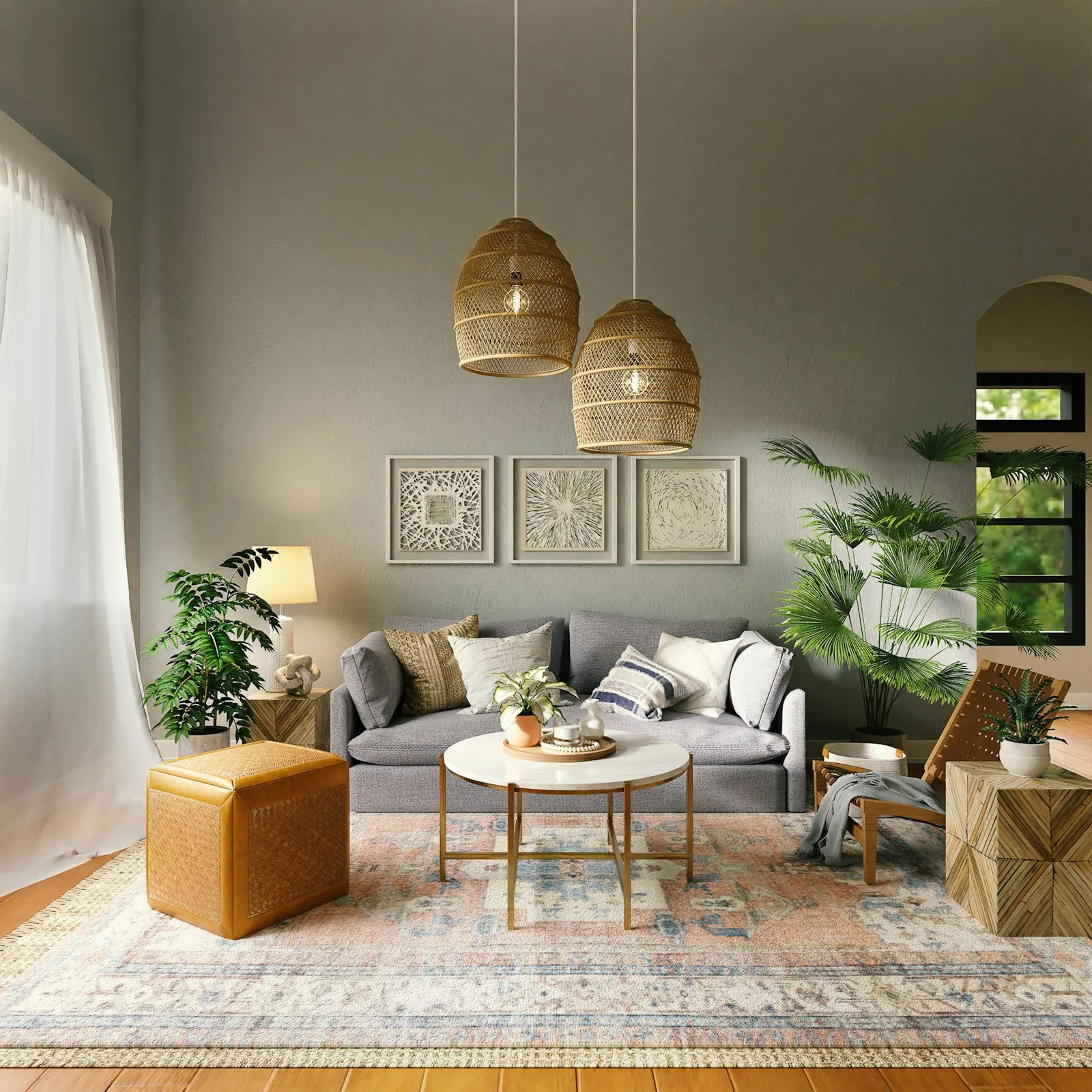 Living room with a fabric sofa, jute rug, rattan pendant lights and soft daylight from a tall window