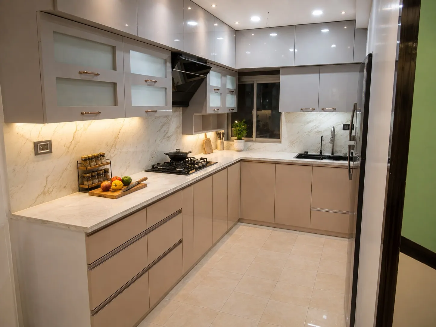Modular kitchen with dark shaker cabinets, stone counter and open wooden shelves