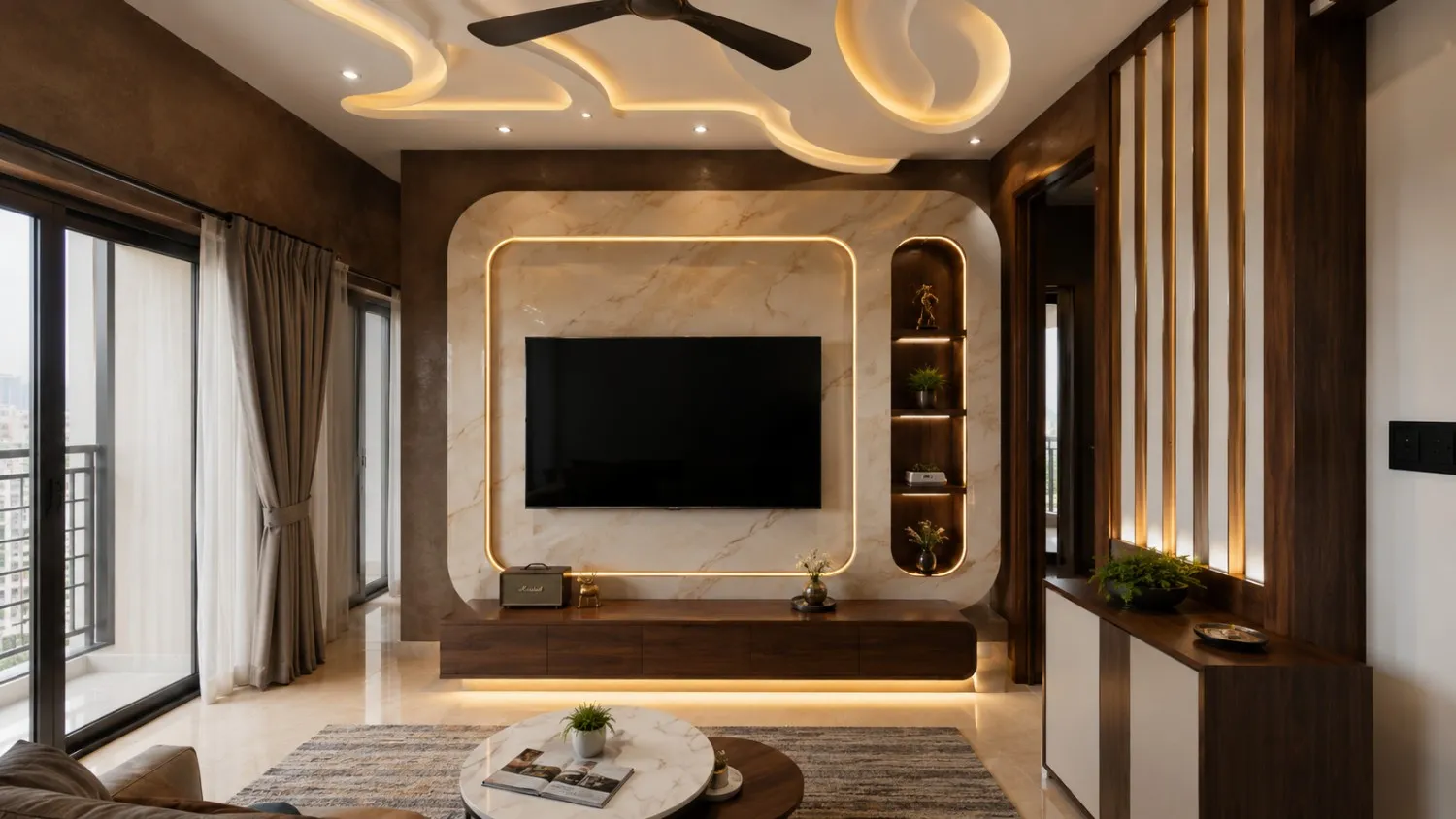 3D design view of a living room with a leather sofa, framed art wall and pendant lighting